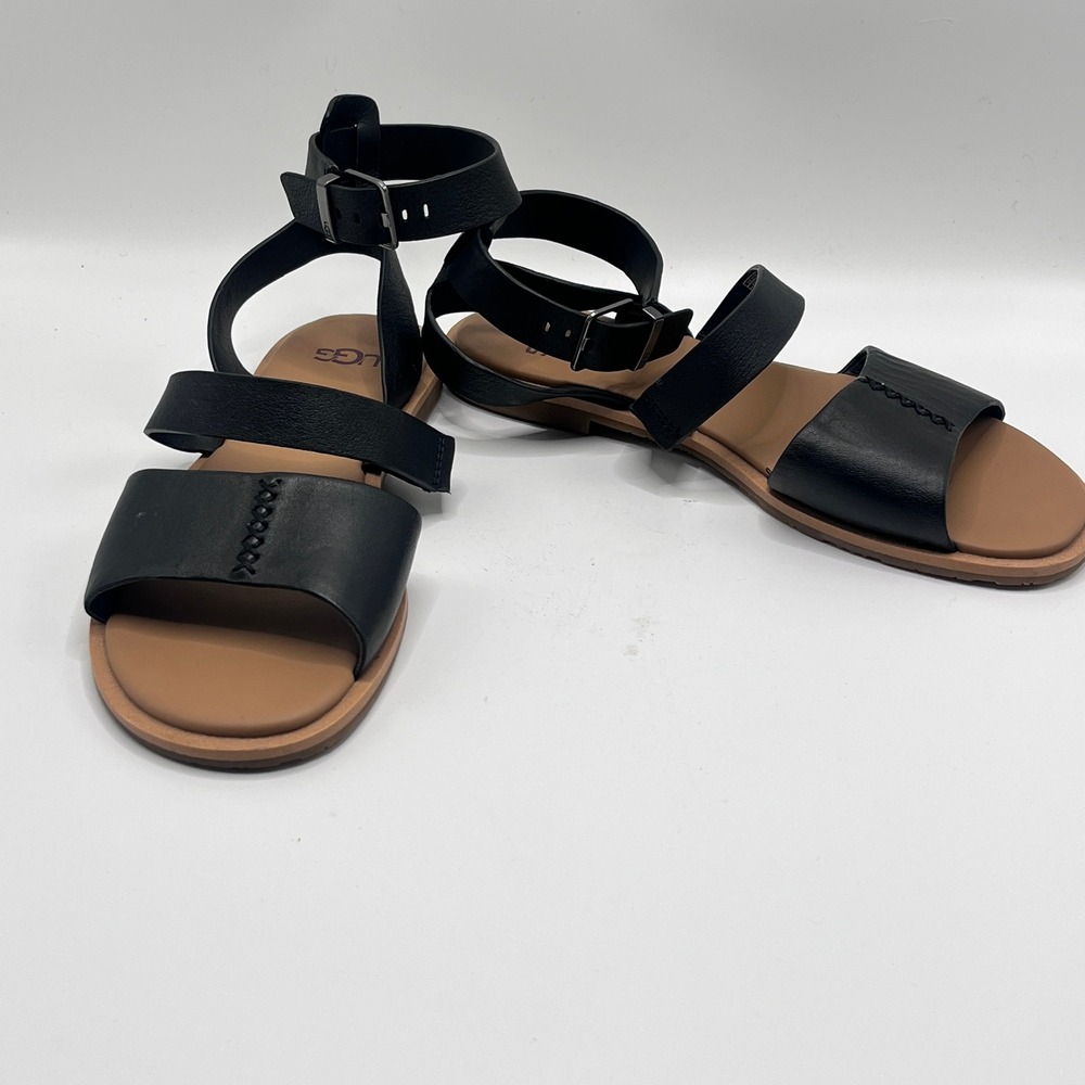 UGG Madeena Black Leather Ankle Strap Flat Sandals 1158057 Womens 7
